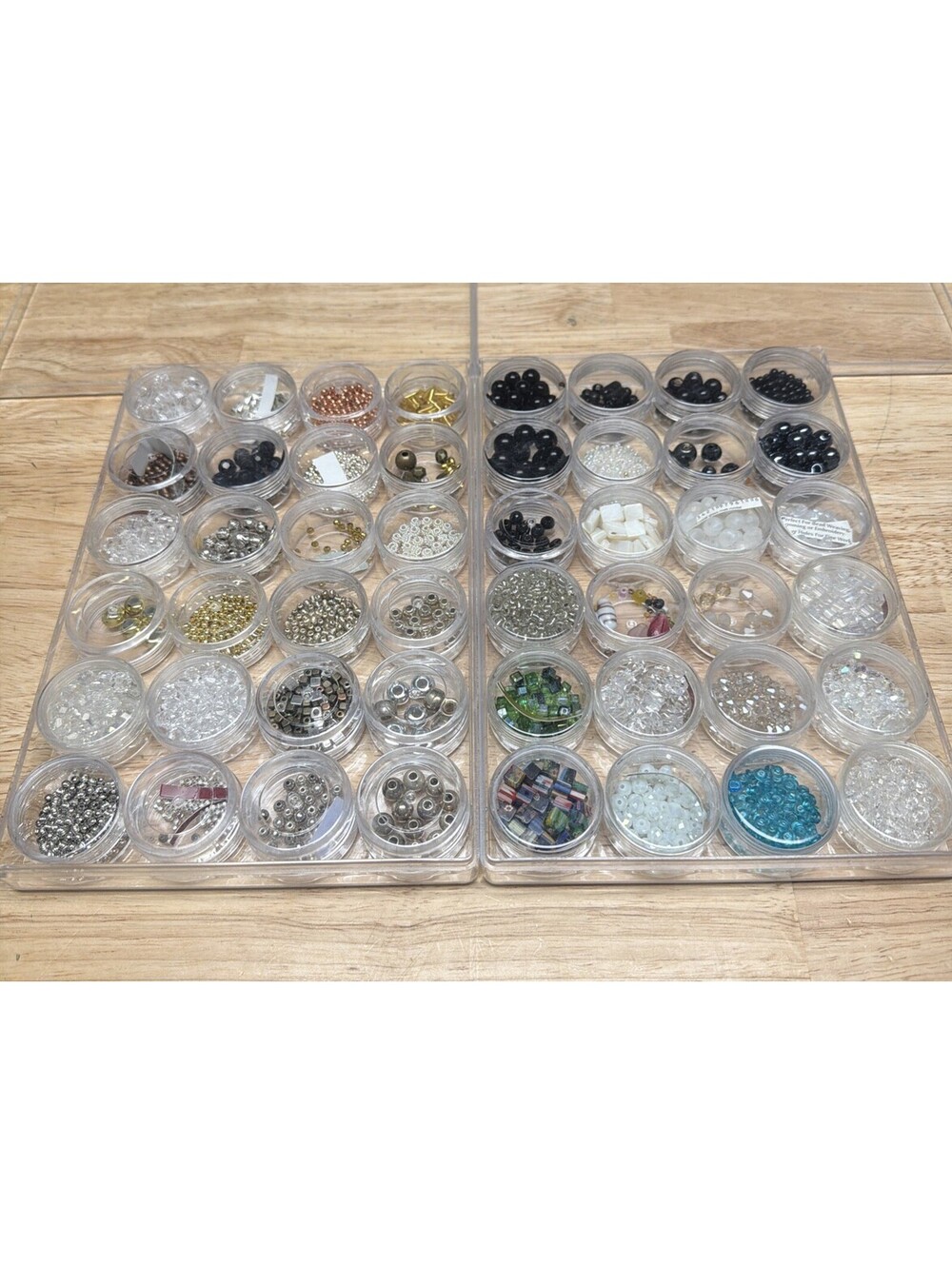 Mixed Lot Jewelry Craft Beads W/ 2 Organizer Containers 2.14 Lbs 48 Rounds Nice